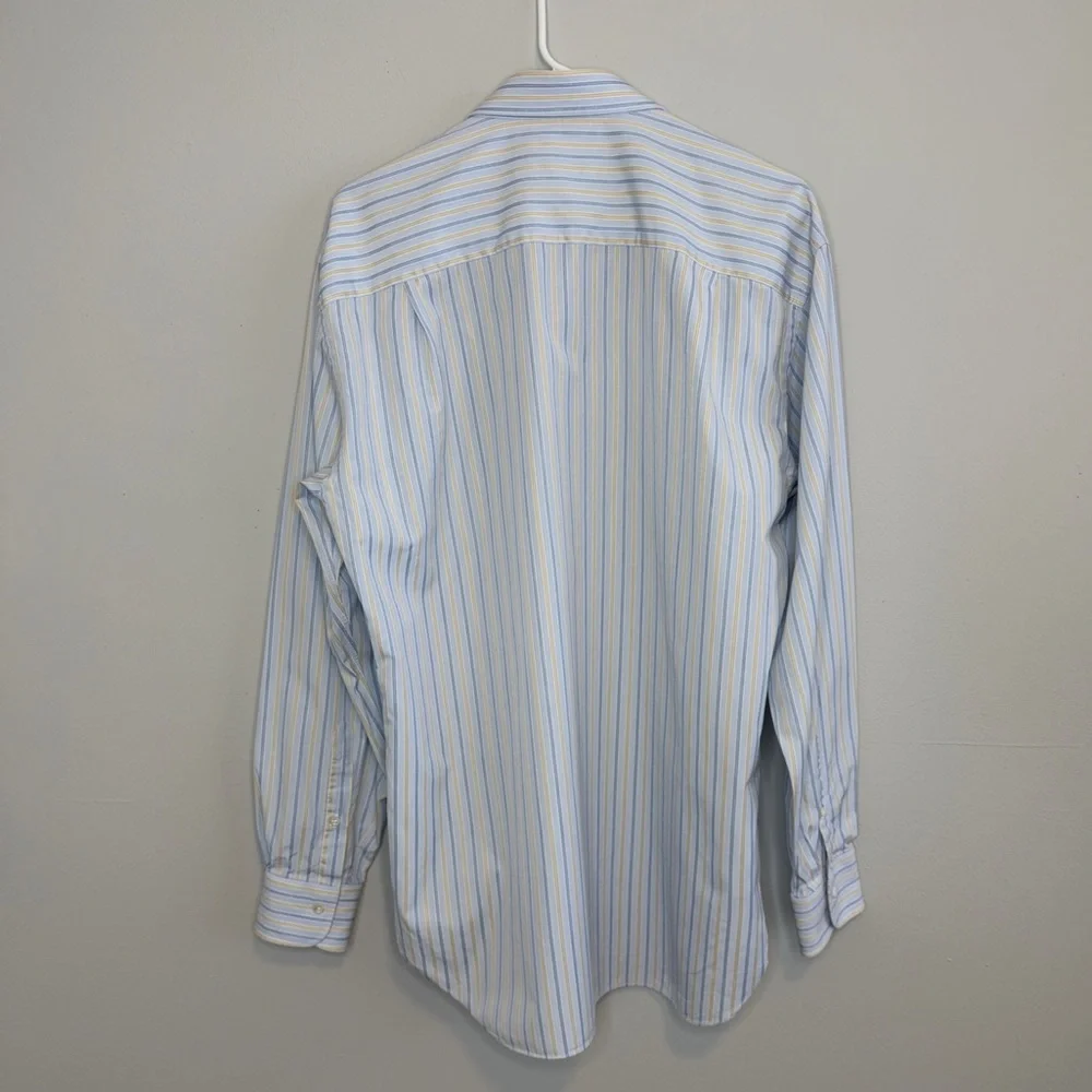 Ermenegildo Zegna Light Blue Yellow Stripe Dress Shirt 16.5 Cotton Portofino - Picture 5 of 11